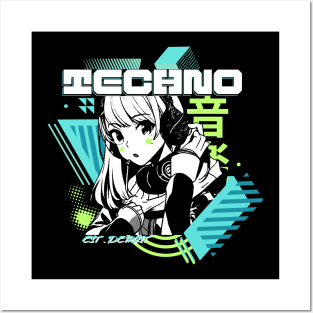 TECHNO  - Y2K anime (white/lime/teal) Posters and Art